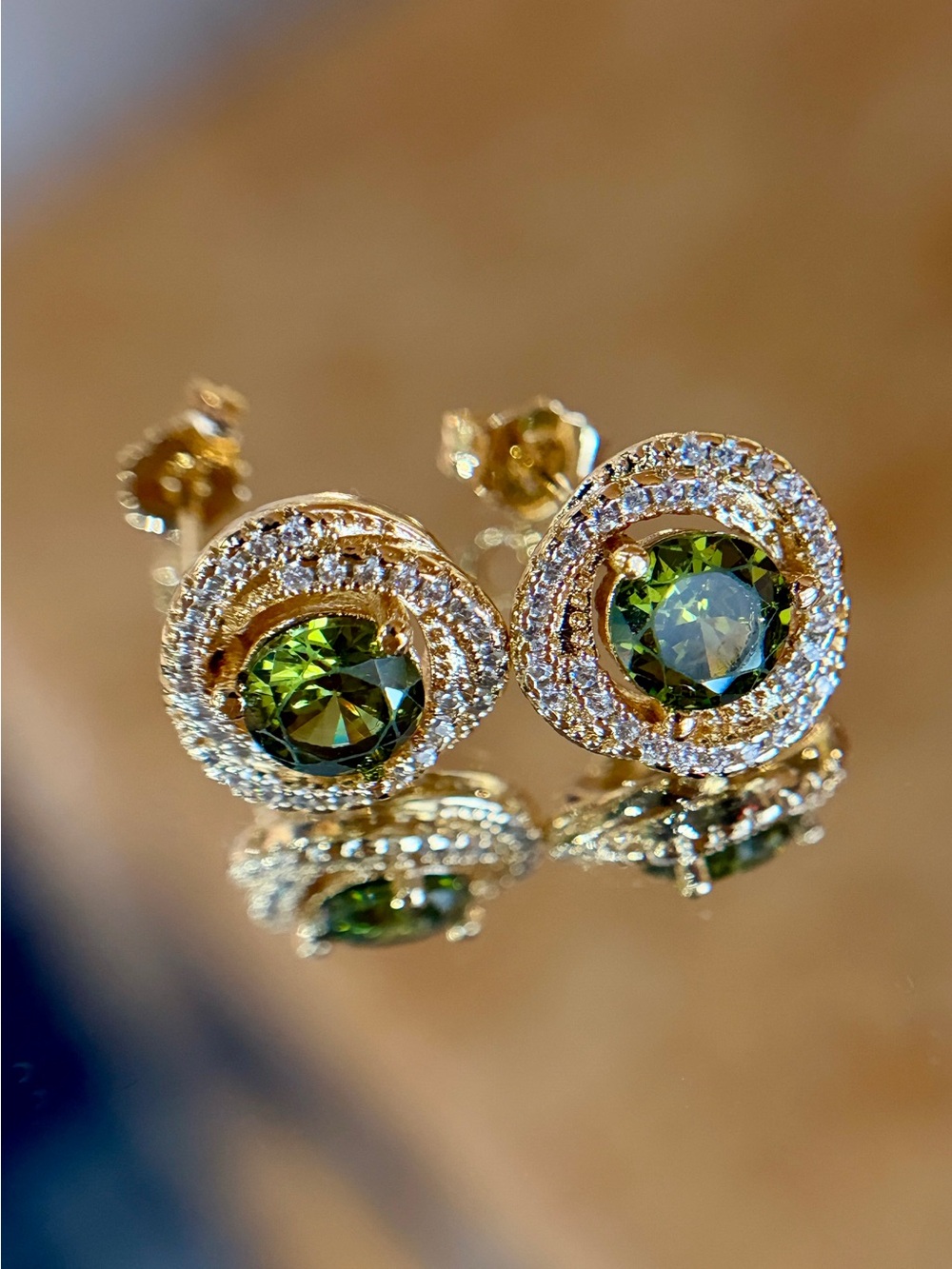 New Gold Tone Peridot Pave Halo Swirl Stud Earrings